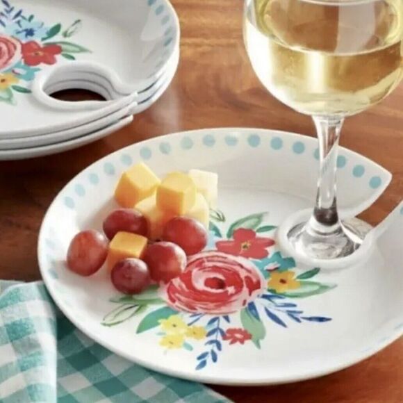 Pioneer Woman Mingling Board Set ( 4-Appetizer Plates) Holds Wine Glass Colorful - Picture 1 of 8